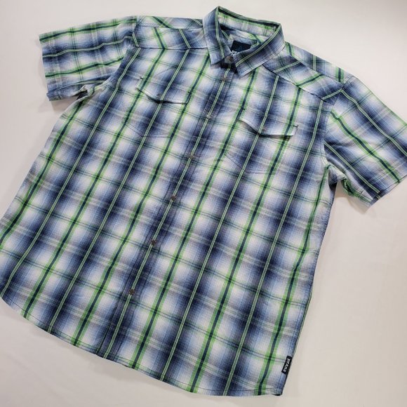Prana Shirt Men XL Blue Green Madras Plaid Silver Snap Casual Button Up Western - Picture 7 of 15